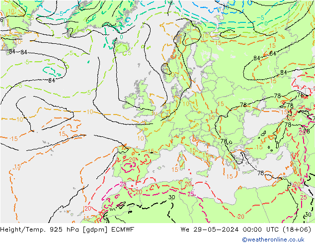 Géop./Temp. 925 hPa ECMWF mer 29.05.2024 00 UTC