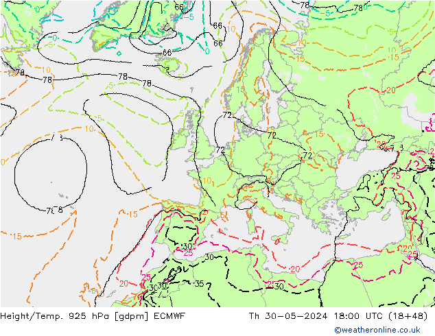 Height/Temp. 925 hPa ECMWF Do 30.05.2024 18 UTC