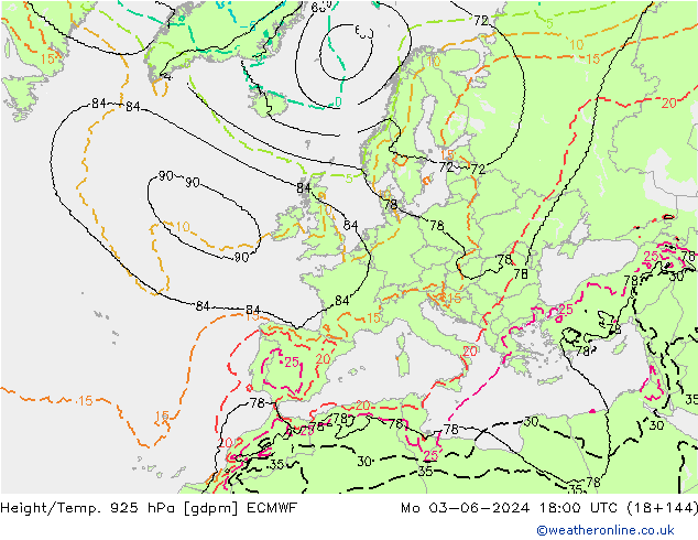 Height/Temp. 925 гПа ECMWF пн 03.06.2024 18 UTC