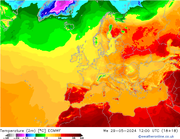 mapa temperatury (2m) ECMWF śro. 29.05.2024 12 UTC