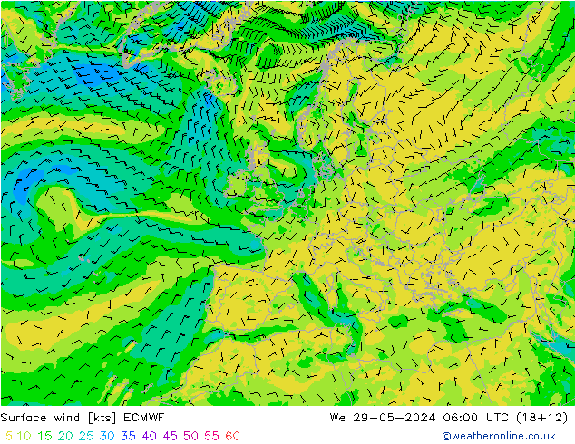 Vento 10 m ECMWF Qua 29.05.2024 06 UTC