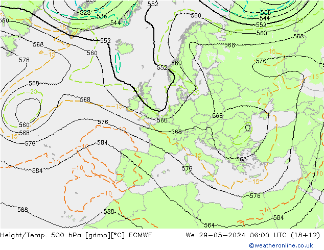 Hoogte/Temp. 500 hPa ECMWF wo 29.05.2024 06 UTC