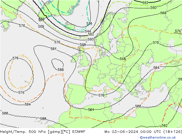 Height/Temp. 500 hPa ECMWF lun 03.06.2024 00 UTC