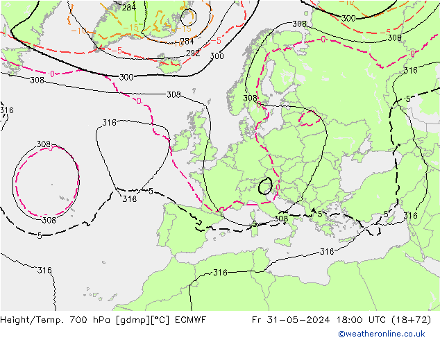 Height/Temp. 700 hPa ECMWF Sex 31.05.2024 18 UTC