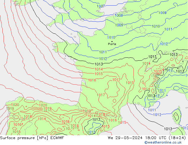 Surface pressure ECMWF We 29.05.2024 18 UTC