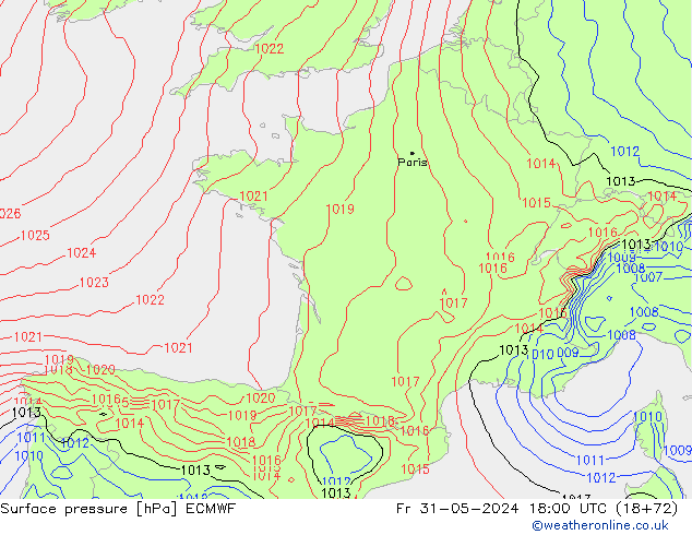 Luchtdruk (Grond) ECMWF vr 31.05.2024 18 UTC