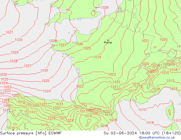 Atmosférický tlak ECMWF Ne 02.06.2024 18 UTC