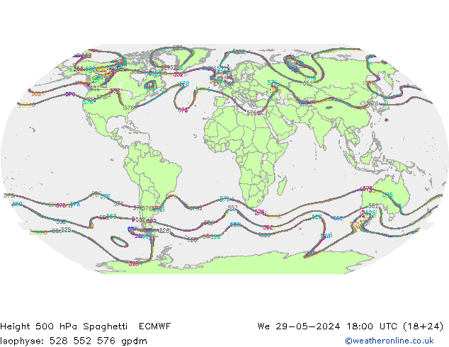 Height 500 hPa Spaghetti ECMWF  29.05.2024 18 UTC