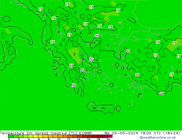 température 2m Spread ECMWF mer 29.05.2024 18 UTC