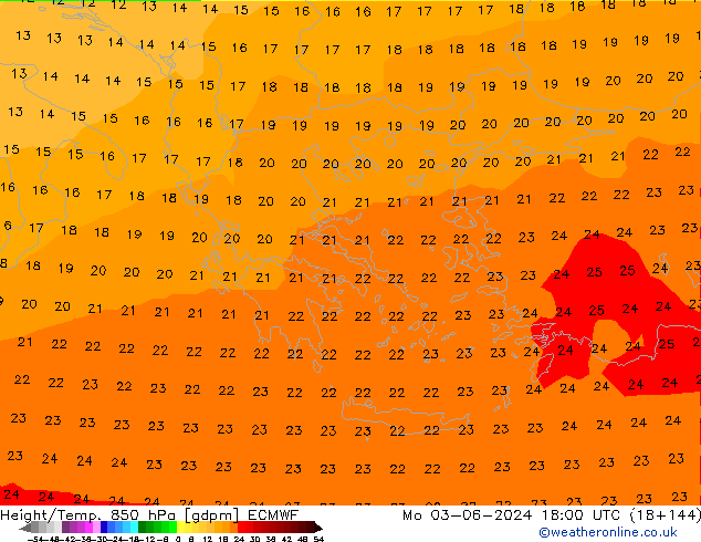 Hoogte/Temp. 850 hPa ECMWF ma 03.06.2024 18 UTC