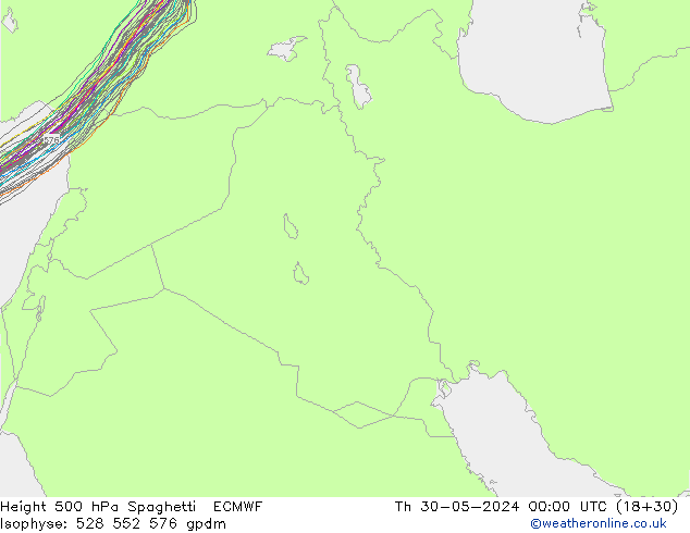 Height 500 hPa Spaghetti ECMWF Čt 30.05.2024 00 UTC