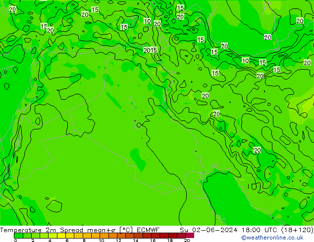 карта температуры Spread ECMWF Вс 02.06.2024 18 UTC