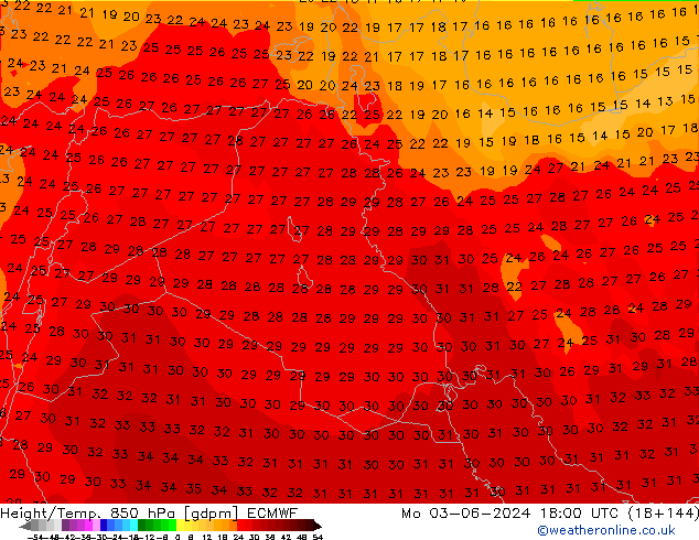 Geop./Temp. 850 hPa ECMWF lun 03.06.2024 18 UTC