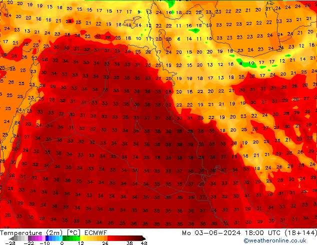 Temperature (2m) ECMWF Mo 03.06.2024 18 UTC