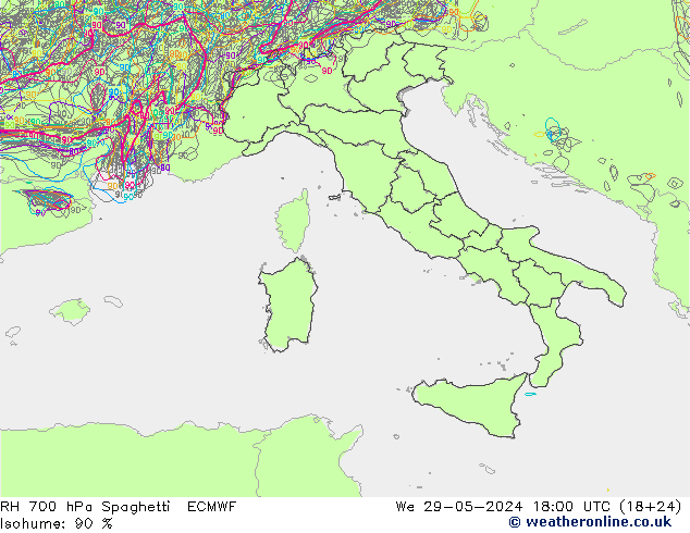 RH 700 hPa Spaghetti ECMWF Qua 29.05.2024 18 UTC