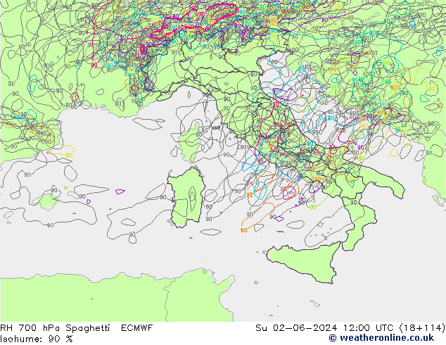 RH 700 hPa Spaghetti ECMWF Ne 02.06.2024 12 UTC