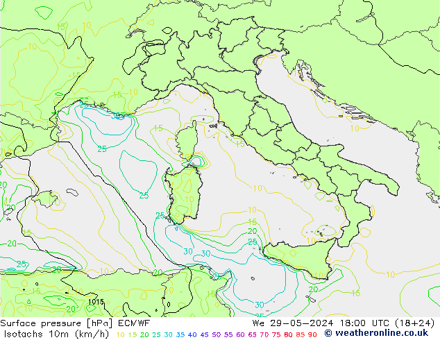 Isotachs (kph) ECMWF mer 29.05.2024 18 UTC