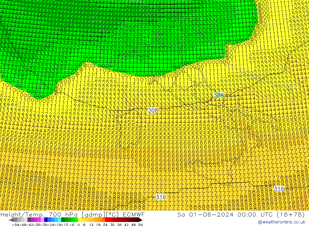 Hoogte/Temp. 700 hPa ECMWF za 01.06.2024 00 UTC