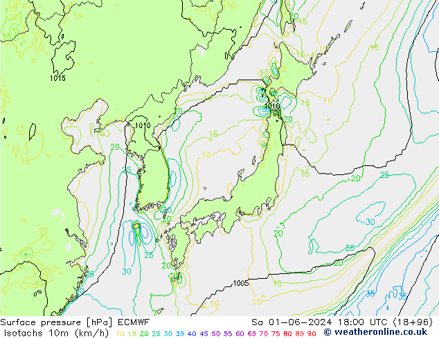 Isotachs (kph) ECMWF sam 01.06.2024 18 UTC