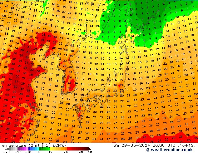 Sıcaklık Haritası (2m) ECMWF Çar 29.05.2024 06 UTC