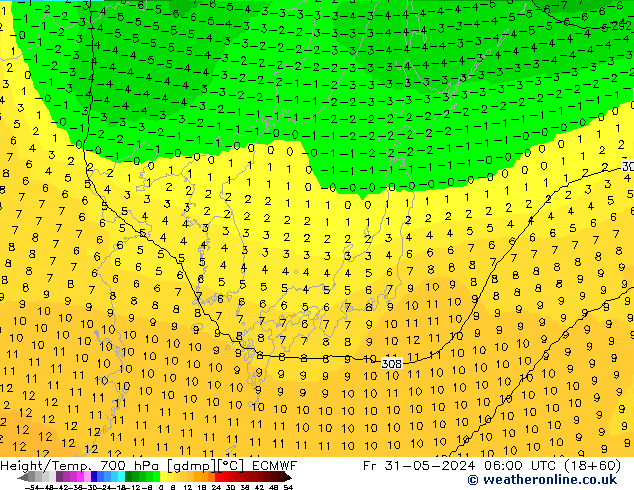 Yükseklik/Sıc. 700 hPa ECMWF Cu 31.05.2024 06 UTC