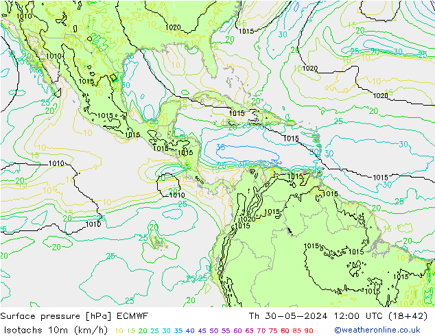 Isotachs (kph) ECMWF Čt 30.05.2024 12 UTC