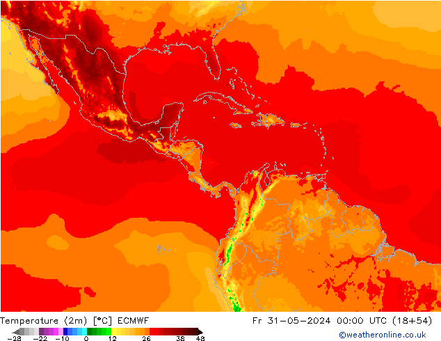 Temperatuurkaart (2m) ECMWF vr 31.05.2024 00 UTC