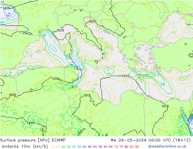 Isotachs (kph) ECMWF St 29.05.2024 06 UTC