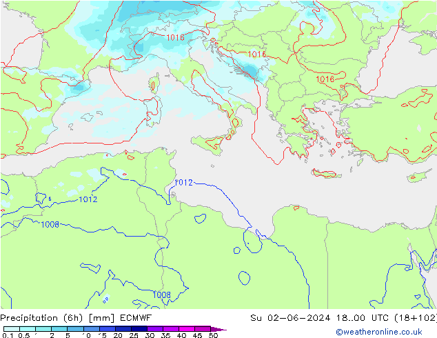 Totale neerslag (6h) ECMWF zo 02.06.2024 00 UTC