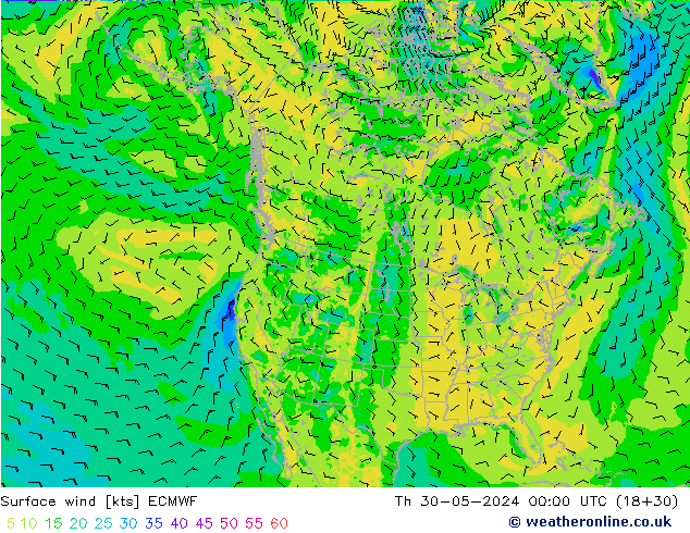 Wind 10 m ECMWF do 30.05.2024 00 UTC