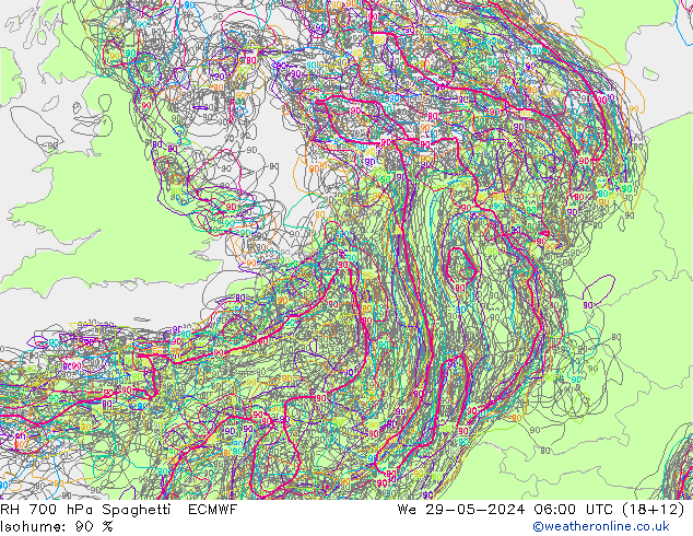 RH 700 hPa Spaghetti ECMWF St 29.05.2024 06 UTC