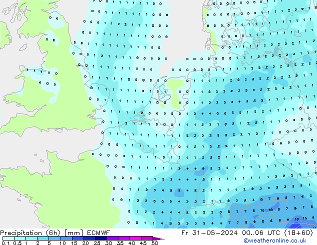 Precipitation (6h) ECMWF Fr 31.05.2024 06 UTC