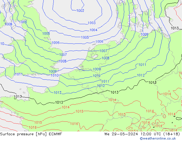 Presión superficial ECMWF mié 29.05.2024 12 UTC