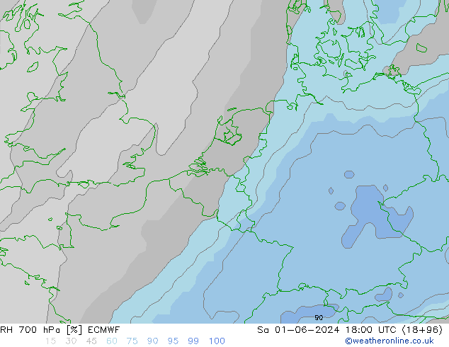 Humedad rel. 700hPa ECMWF sáb 01.06.2024 18 UTC