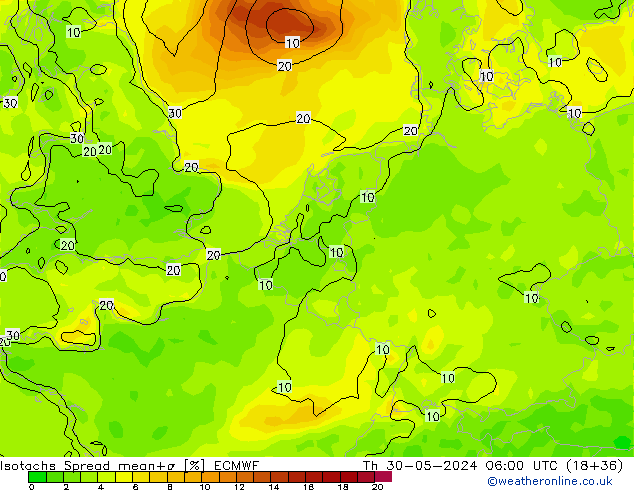 Isotachs Spread ECMWF gio 30.05.2024 06 UTC