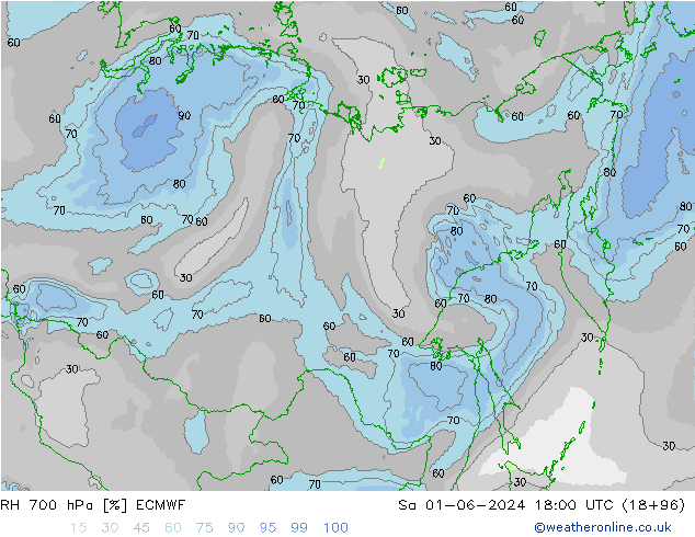 RH 700 hPa ECMWF Sa 01.06.2024 18 UTC