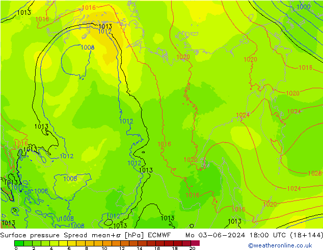 Surface pressure Spread ECMWF Mo 03.06.2024 18 UTC