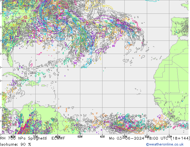 RH 700 hPa Spaghetti ECMWF Mo 03.06.2024 18 UTC