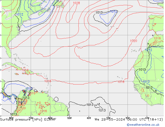 Presión superficial ECMWF mié 29.05.2024 06 UTC
