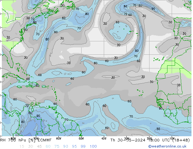 RH 700 hPa ECMWF  30.05.2024 18 UTC