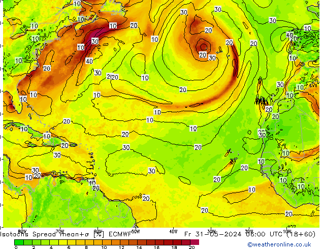 Isotachs Spread ECMWF пт 31.05.2024 06 UTC