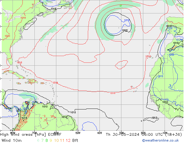 High wind areas ECMWF Čt 30.05.2024 06 UTC