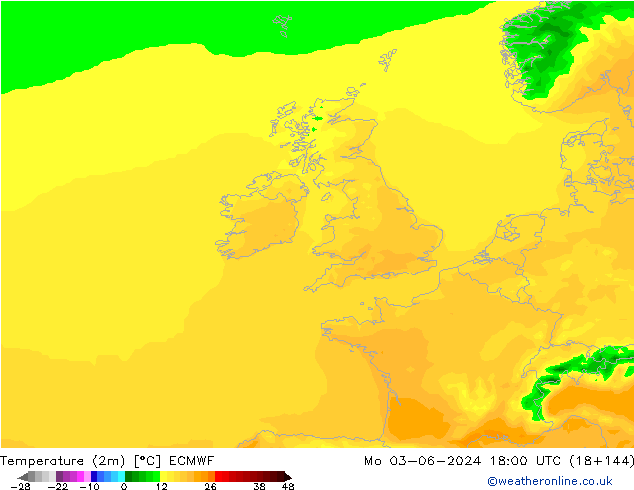 Temperatuurkaart (2m) ECMWF ma 03.06.2024 18 UTC