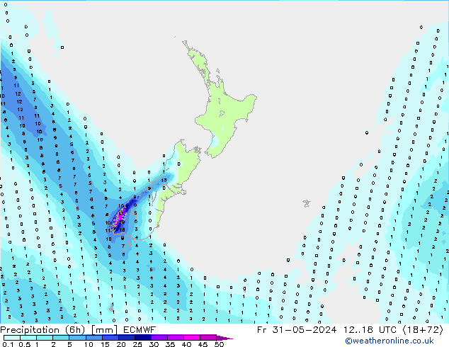 Totale neerslag (6h) ECMWF vr 31.05.2024 18 UTC