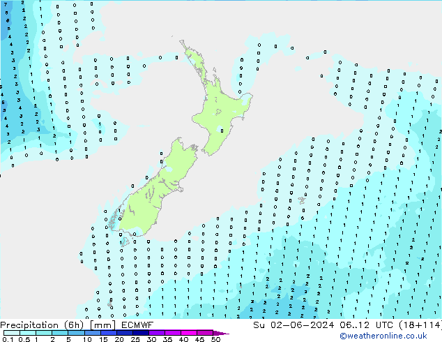 Precipitation (6h) ECMWF Su 02.06.2024 12 UTC