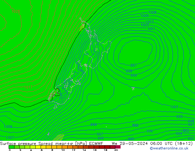 Surface pressure Spread ECMWF We 29.05.2024 06 UTC