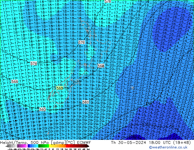 Height/Temp. 500 hPa ECMWF czw. 30.05.2024 18 UTC