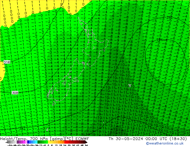 Height/Temp. 700 hPa ECMWF czw. 30.05.2024 00 UTC