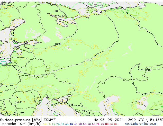 Isotachen (km/h) ECMWF ma 03.06.2024 12 UTC