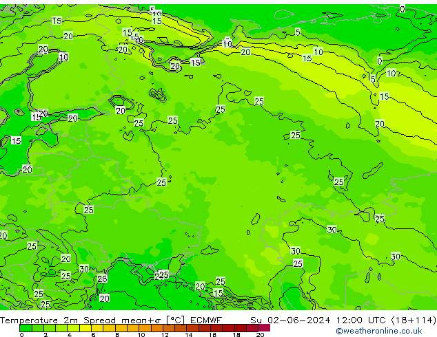 Sıcaklık Haritası 2m Spread ECMWF Paz 02.06.2024 12 UTC